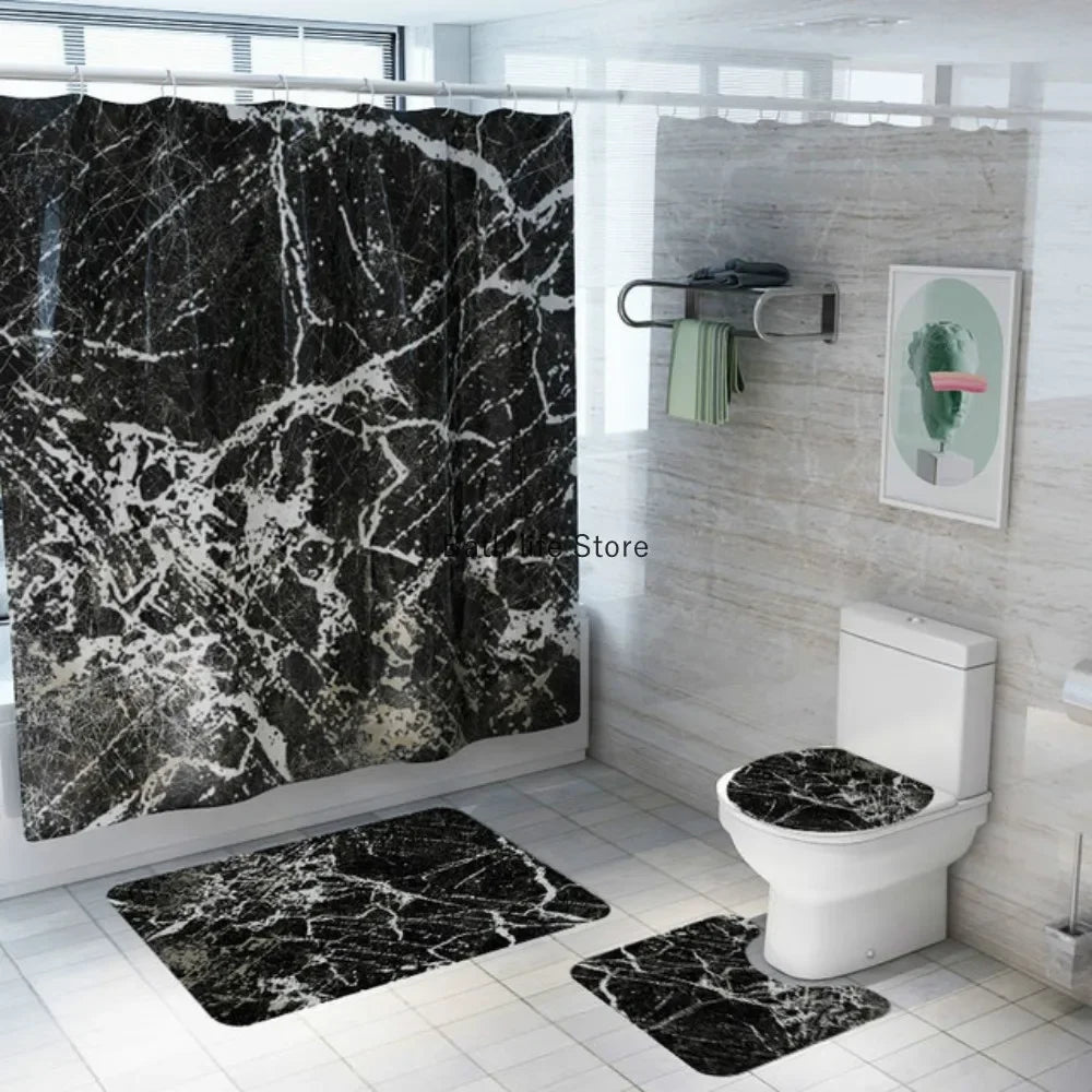 Marble Shower Curtain Sets Modern White Gold Bath Curtains 3D Luxury Toilet Cover Polyester Fabric Bathroom Accessories Sets