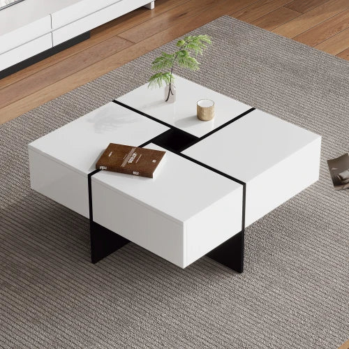 70 L x 35,5 H x 70 B (cm) Coffee table, Black high gloss living room table, side table with drawers and golden accents