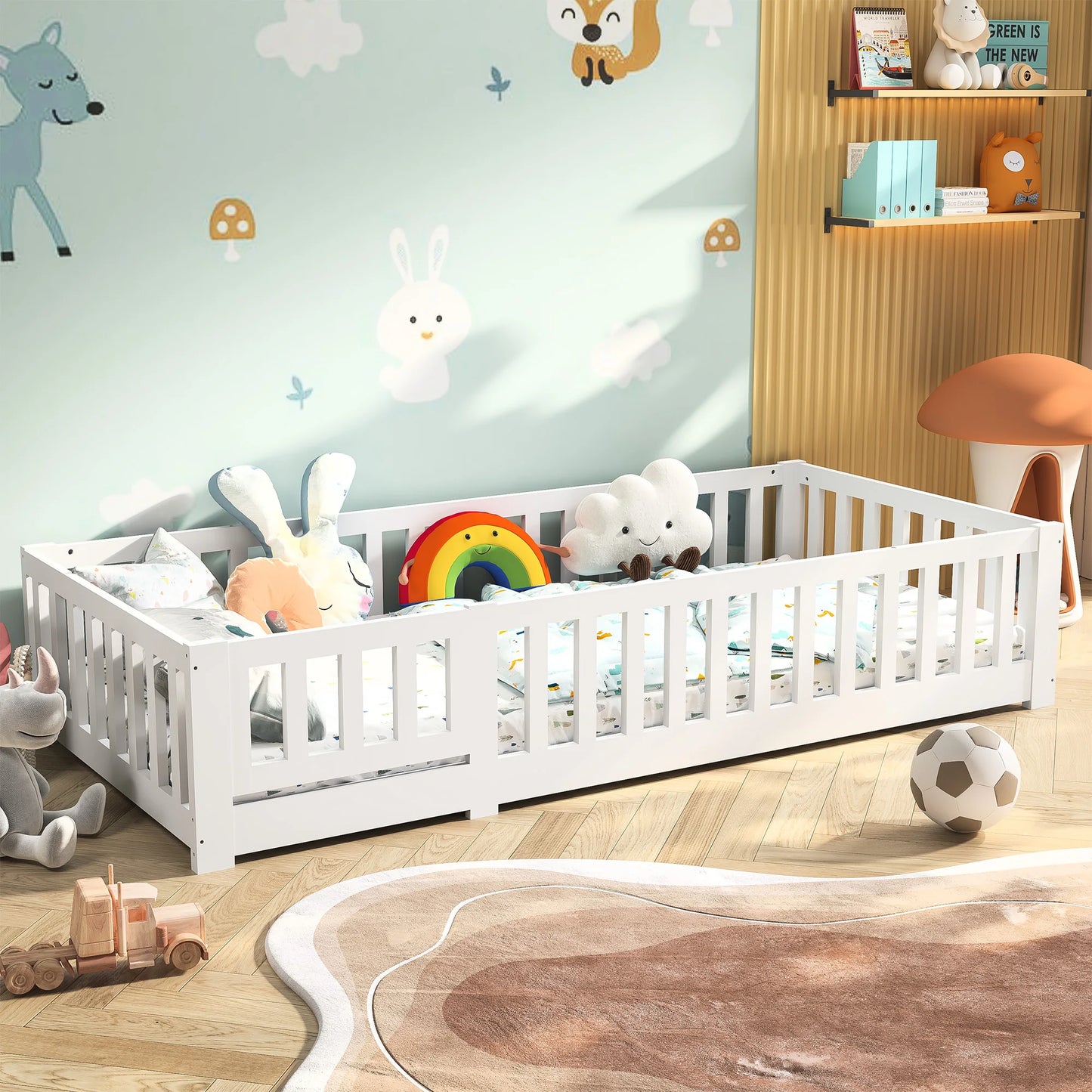 Lazyspace Children’s Bed with Fall Protection, Includes Slatted Frame, Floor Bed for Boys and Girls, Solid Pine Wood, White
