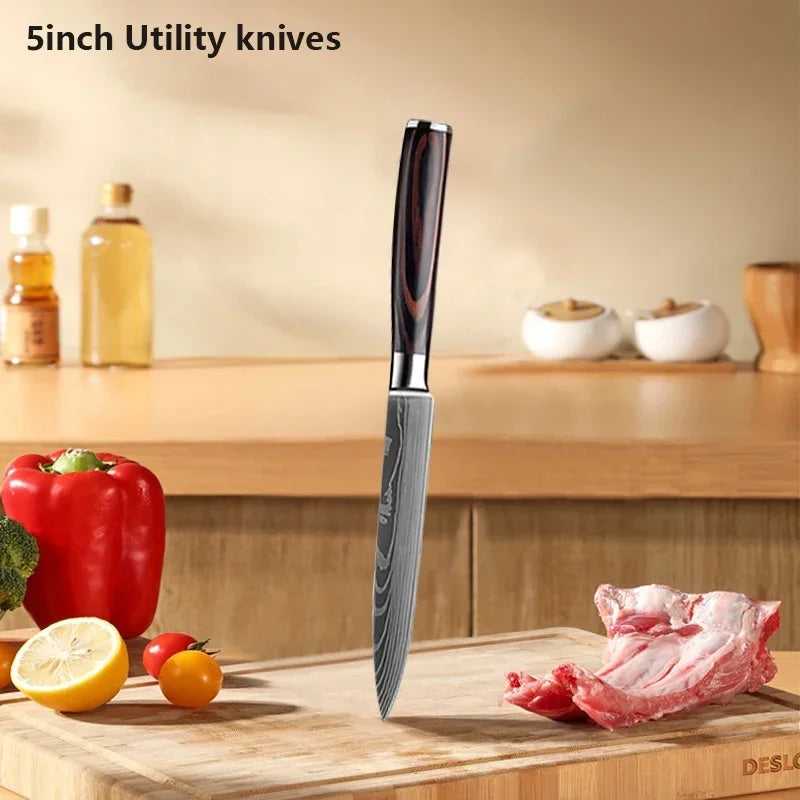Damascus Chef's Knife Kitchen Knives Set Professional Boning Knife Meat Cleaver Utility Knife Japanese Santoku Knife with Cover