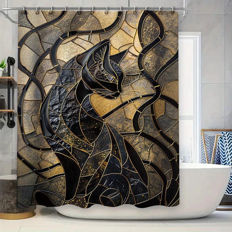 Luxurious Gold Black Cat Print Shower Curtain 3D Waterproof Decor for Bathroom Modern Home Accessories Easy Installation Kit Inc
