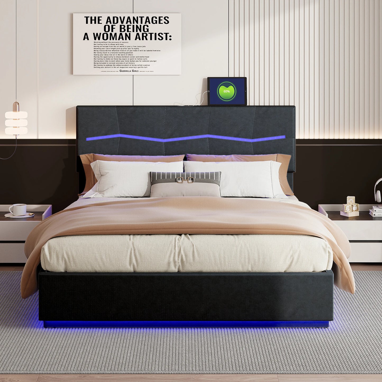 Comanlai 180x200cm Upholstered Bed,Double Bed with LED Lights,Hydraulic Storage Bed with Slatted Frame,PU Leather