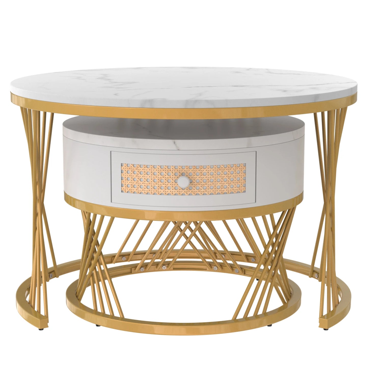 Comanlai 2-in-1 Round MDF Coffee Table,Side Table with Drawers,Wood Handles and Golden Iron Feet 70x70x45.5cm+ 50x50x38.5cm