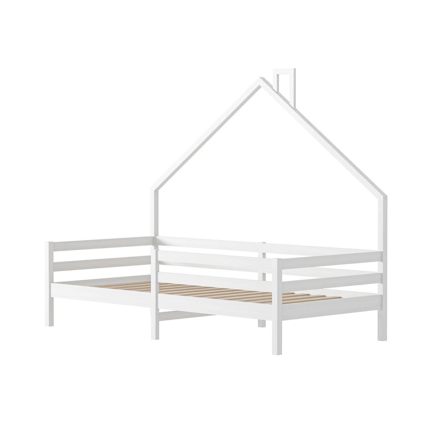Children's Single Bed 90 x 200cm with Fall Protection Wooden House Bed with Slatted Frame for Boys and Girls