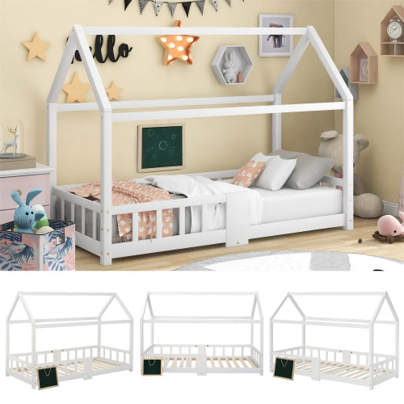 Children bed house bed 90x200 cm Wooden bed for CHILDREN'S room incl. table slatted frames crash protection, Pine White (without Matra