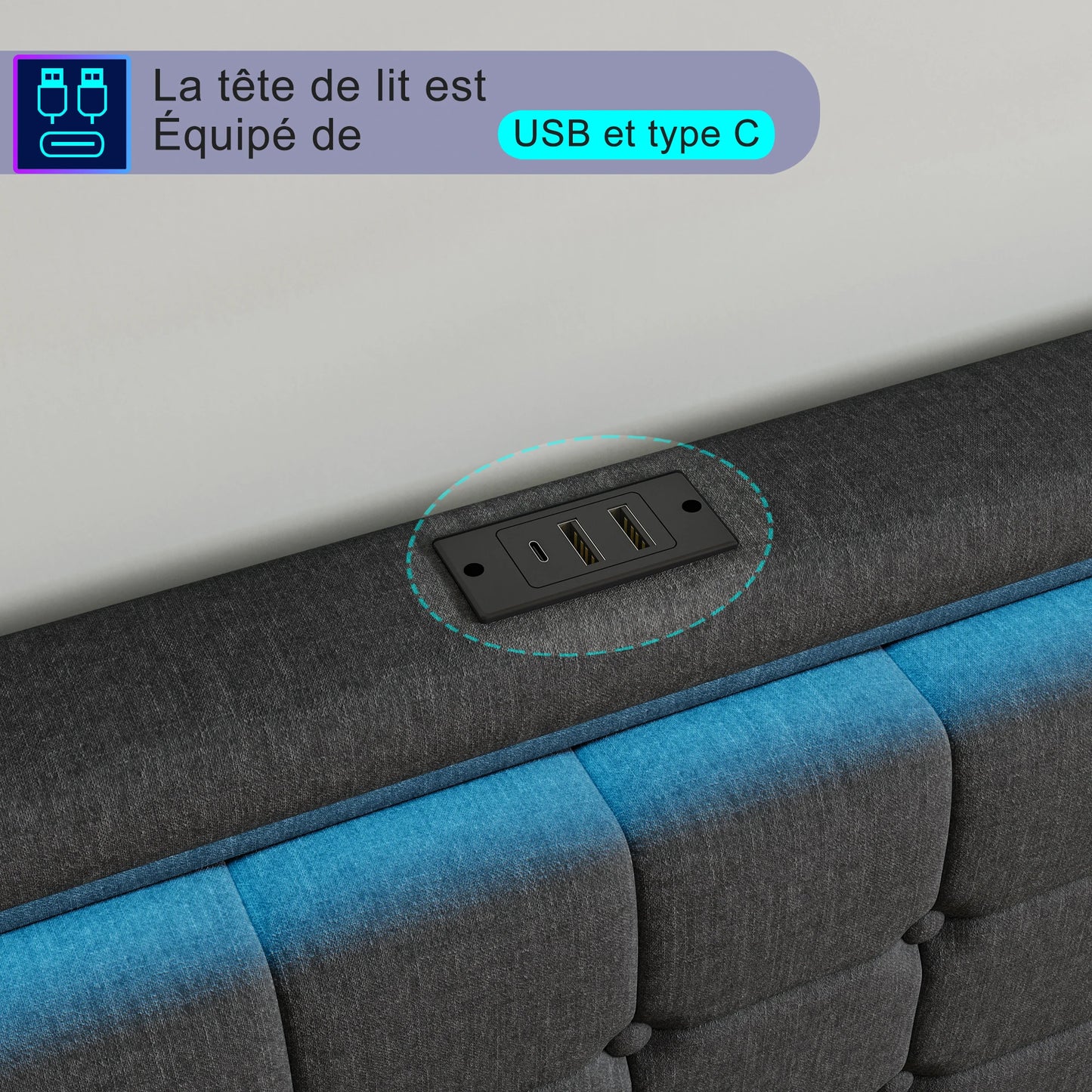 Creahappy Soft-padded bed frame - 160x200cm - with LED lights, charging ports at the headboard, and four storage compartments