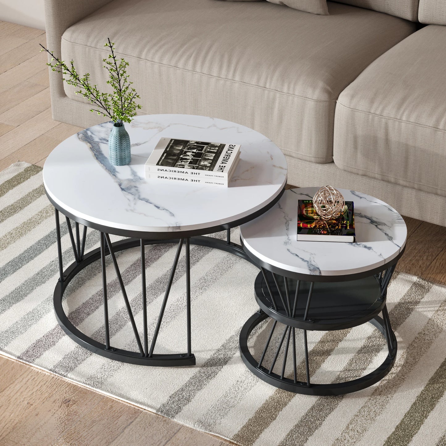 Coffee Table, Round coffee Table Set of 2, Marble Look Coffee Table with Metal Leg Frame, Sofa-side Table, Embedded Coffee Table