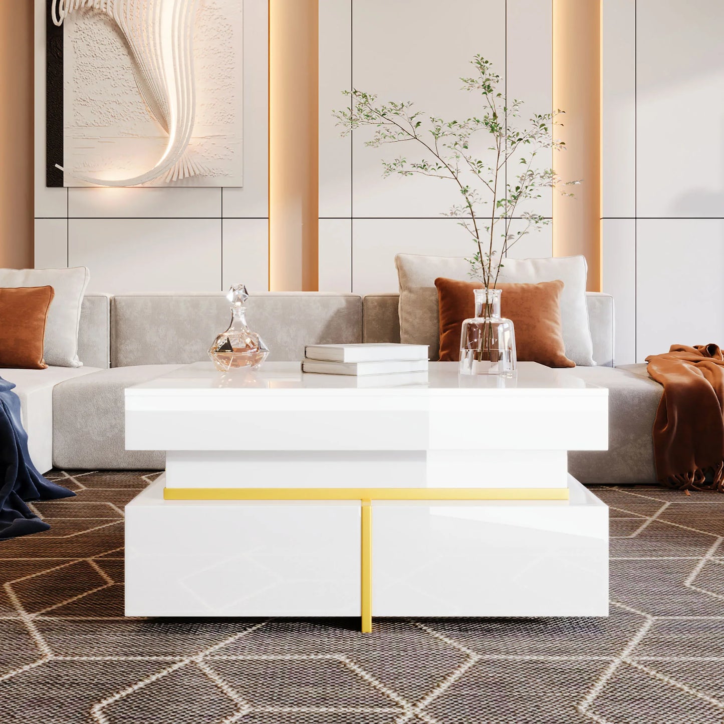 Coffee Table, High-Gloss Living Room Tea Table, Side Table with Drawers and Golden Accents, 70X35.5X70Cm
