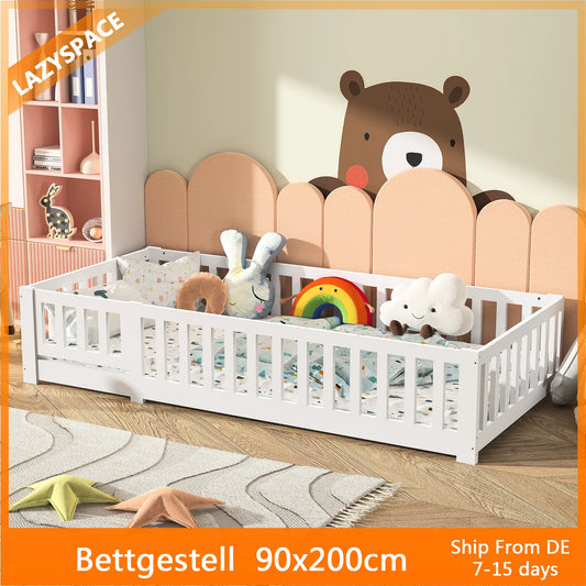 Lazyspace Children’s Bed with Fall Protection, Includes Slatted Frame, Floor Bed for Boys and Girls, Solid Pine Wood, White