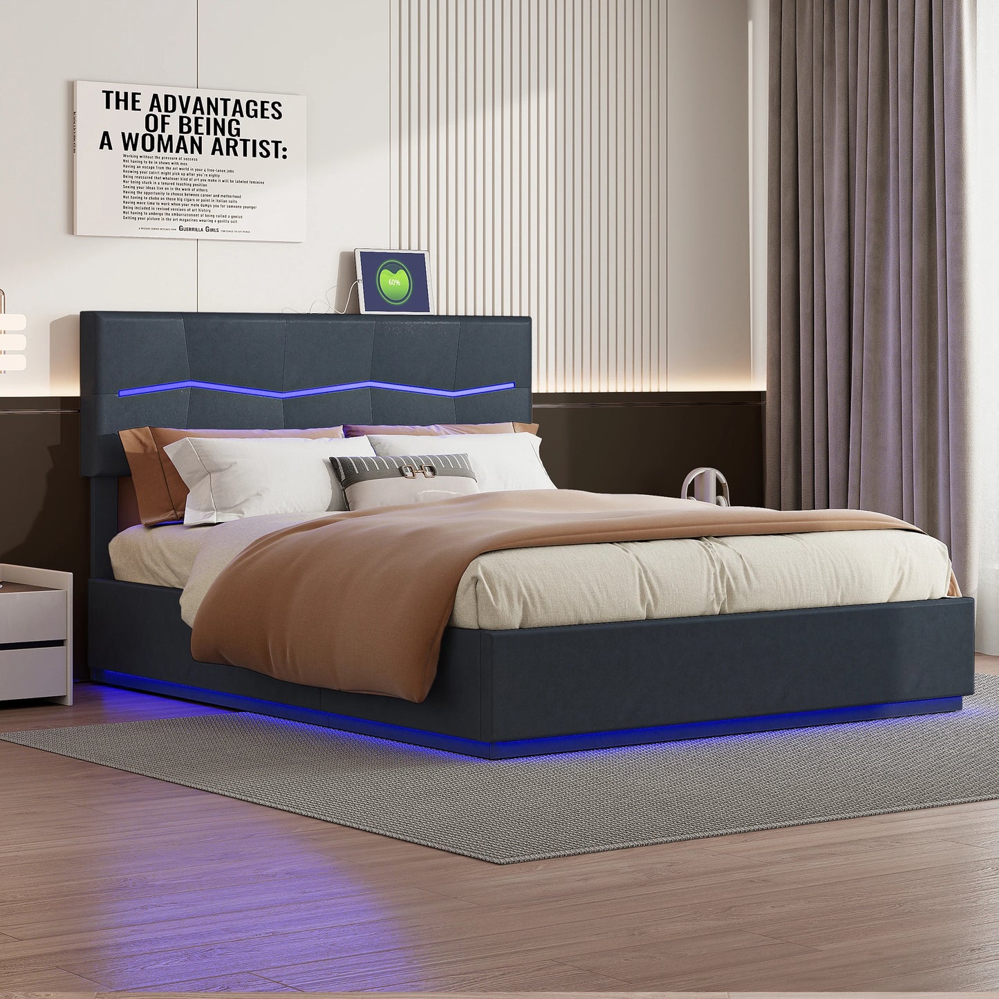 Comanlai 180x200cm Upholstered Bed,Double Bed with LED Lights,Hydraulic Storage Bed with Slatted Frame,PU Leather
