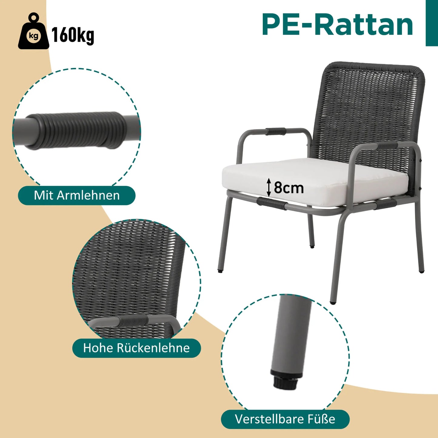 Poly Rattan Furniture Set with Armchair, Coffee Table & Cushions, Removable and Washable Fabric Cover Garden Furniture Set