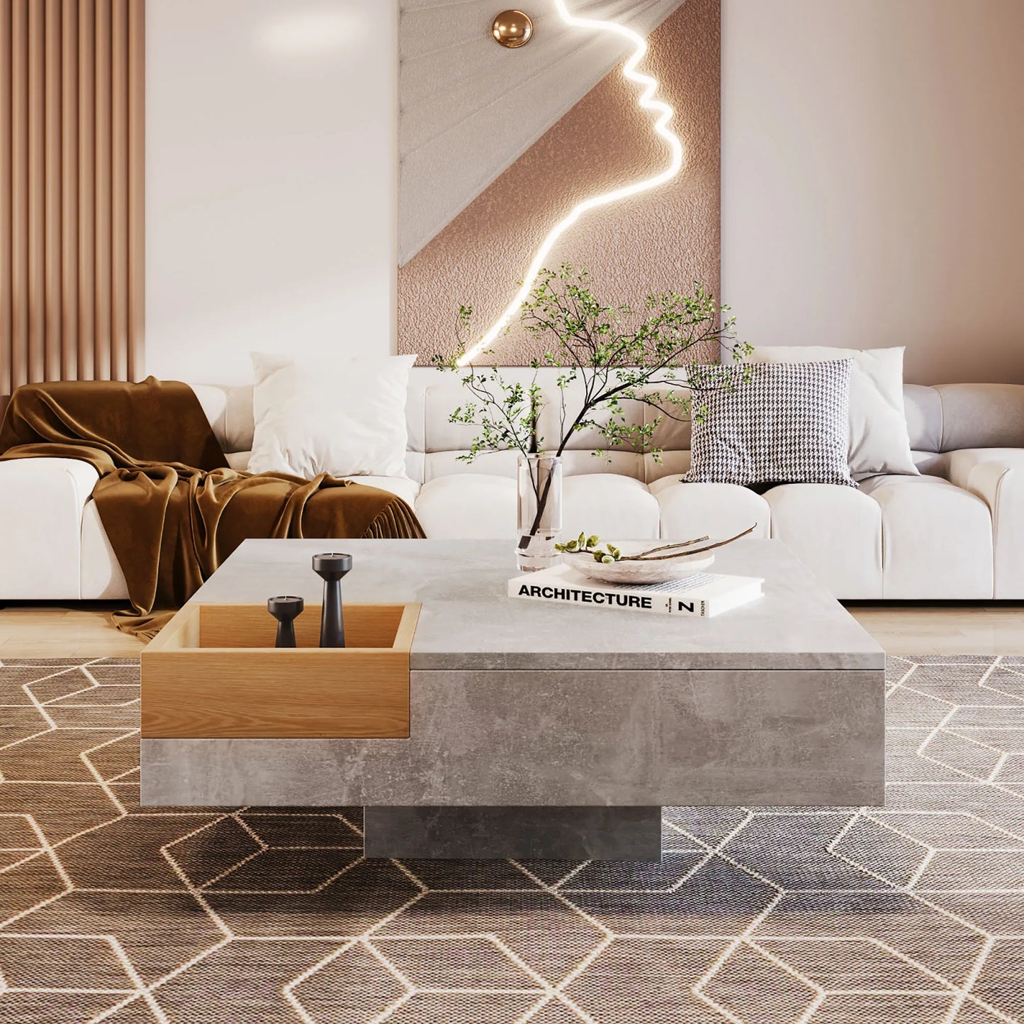 Concrete Gray Coffee Table, Wooden Tea Table for Living Room, Side Table with Removable Storage Tray, 72*72*30 cm