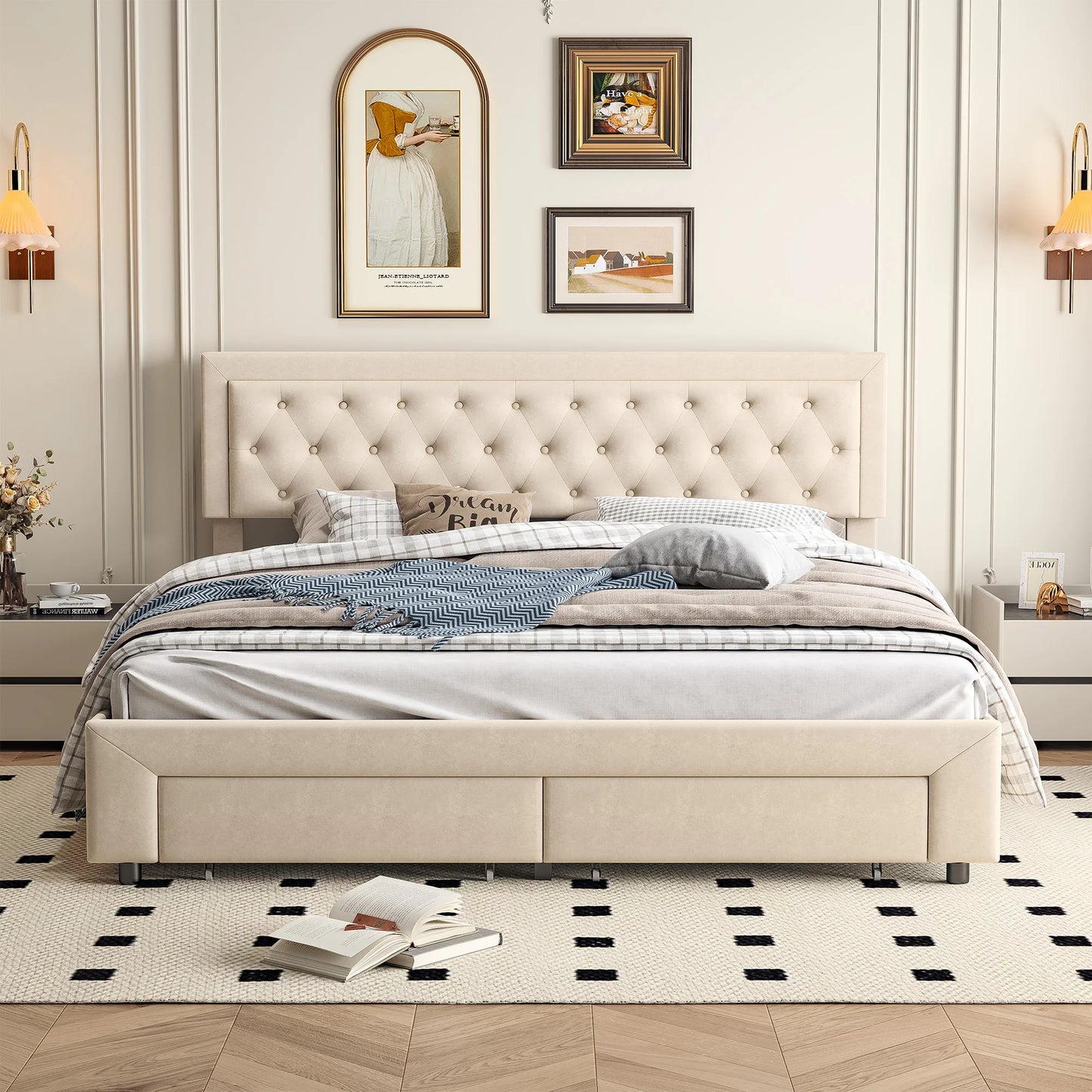 Comanlai Upholstered Bed 180x200cm,Double Bed with 2 Drawers,Bed with Storage Space,Hydraulic Storage Bed,Velvet Fabric,Beige