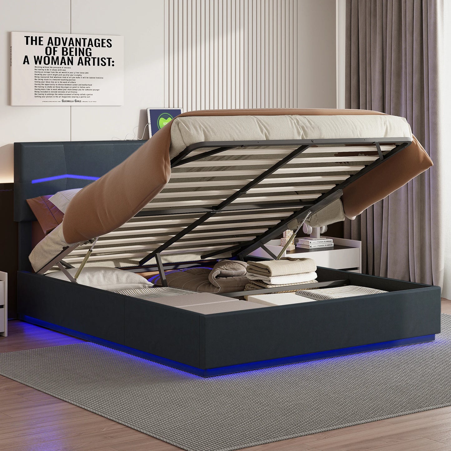 Comanlai 160x200cm Upholstered Bed,Double Bed with LED Lights and Charging Port,Hydraulic Storage Bed,PU Leather,Black
