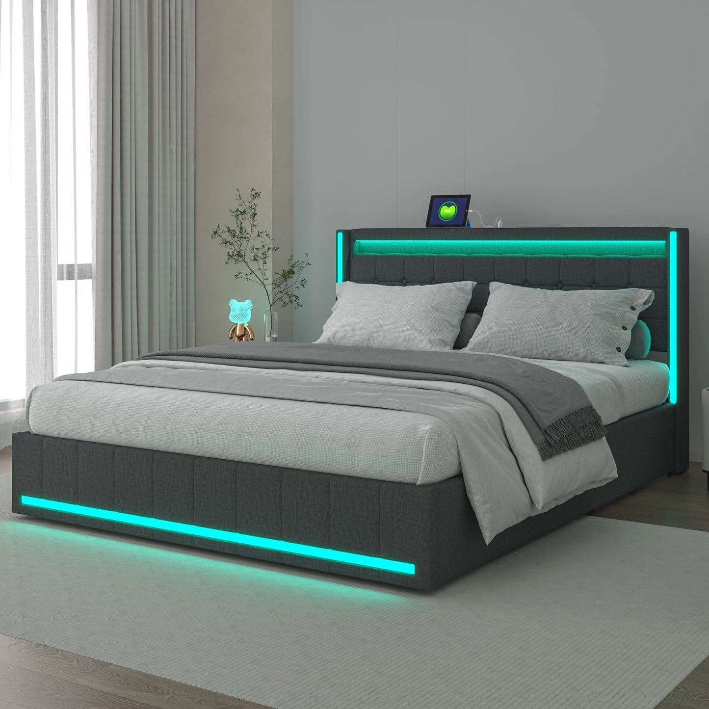 Creahappy Soft-padded bed frame - 160x200cm - with LED lights, charging ports at the headboard, and four storage compartments