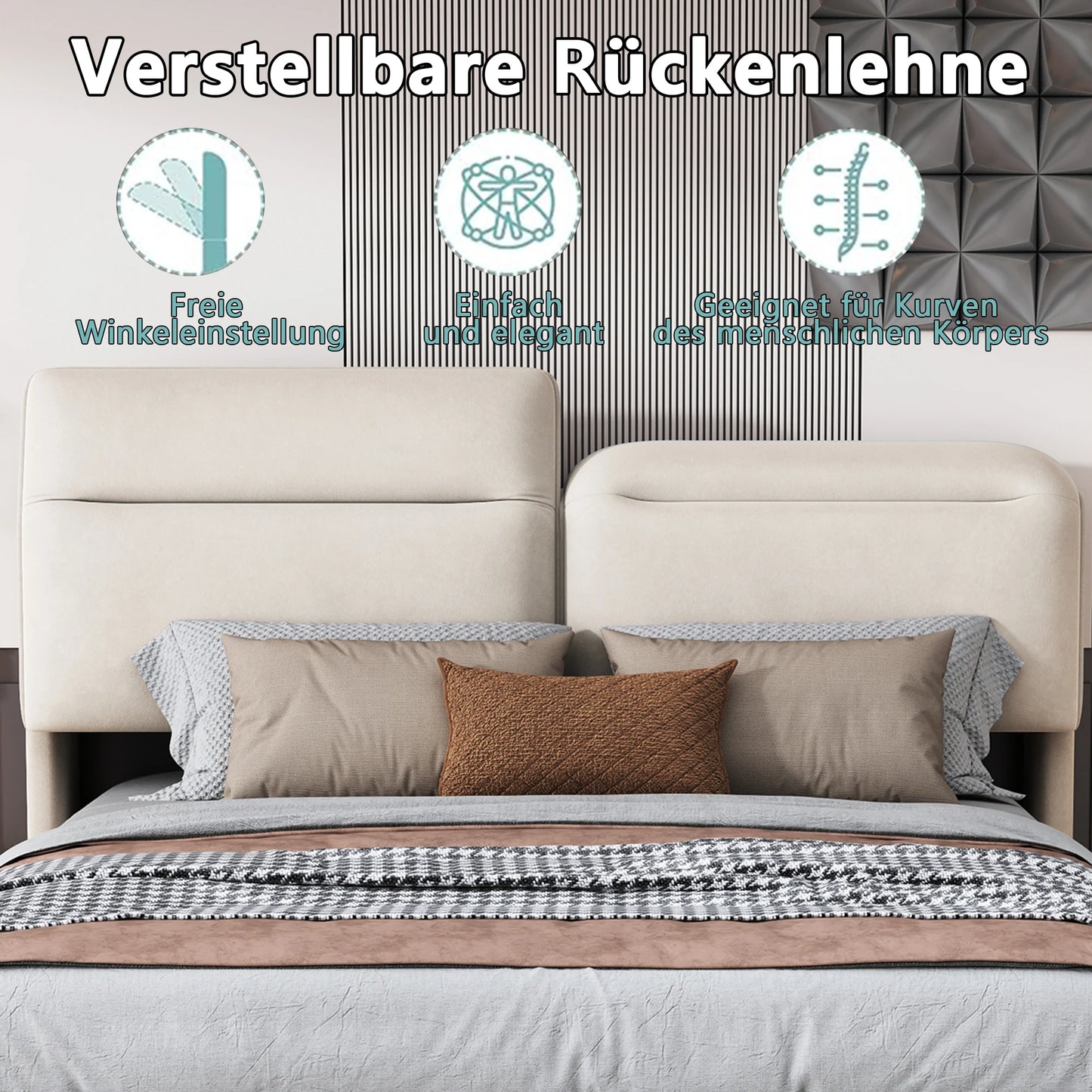 Creahappy - Soft-padded Double Bed - With Foldable, Adjustable Headboard - 160x200cm Double Bed - Under-bed LED Strip Light