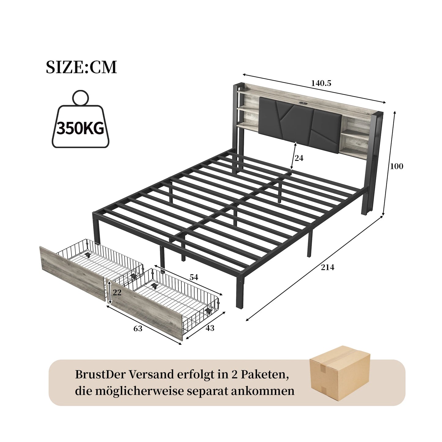 Anajqaqia 140×200cm Upholstered Double Bed, with LED Lighting and 2 Drawers, with Integrated Bedside Table and Socket, PU, Black