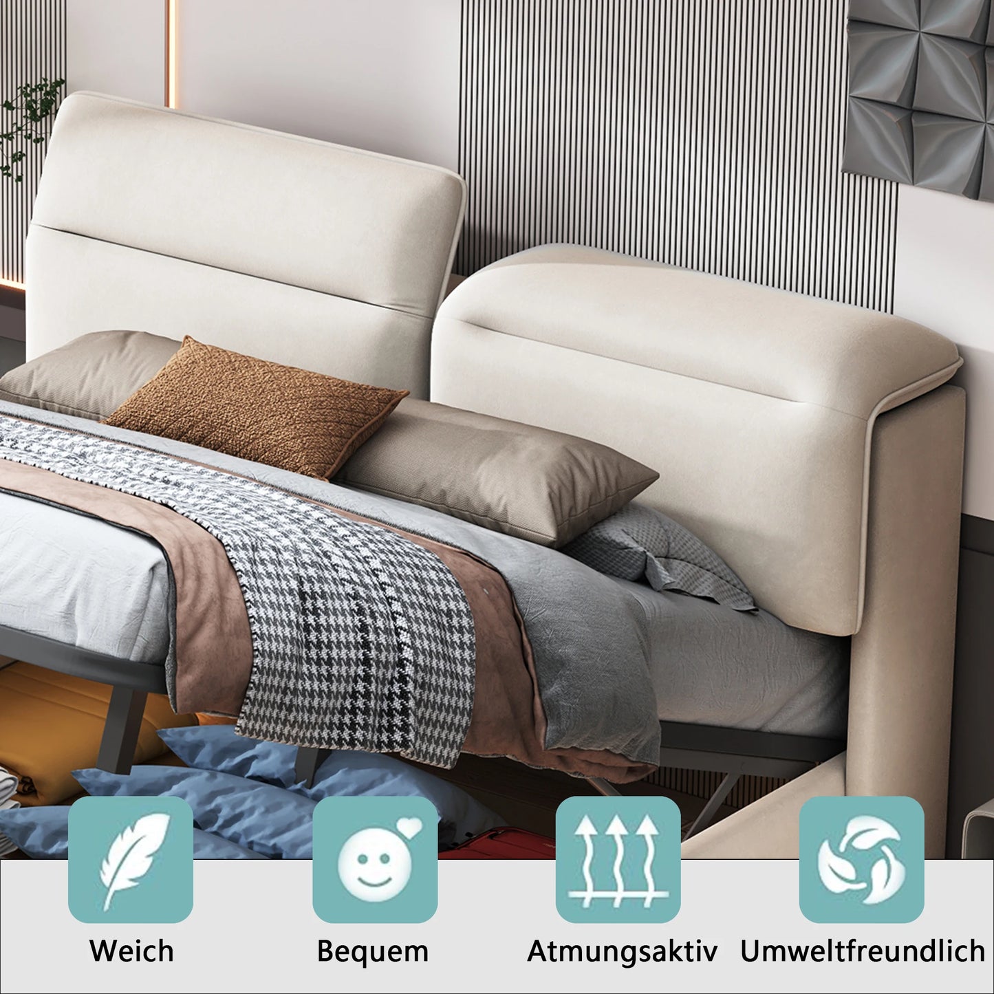 Creahappy - Soft-padded Double Bed - With Foldable, Adjustable Headboard - 160x200cm Double Bed - Under-bed LED Strip Light