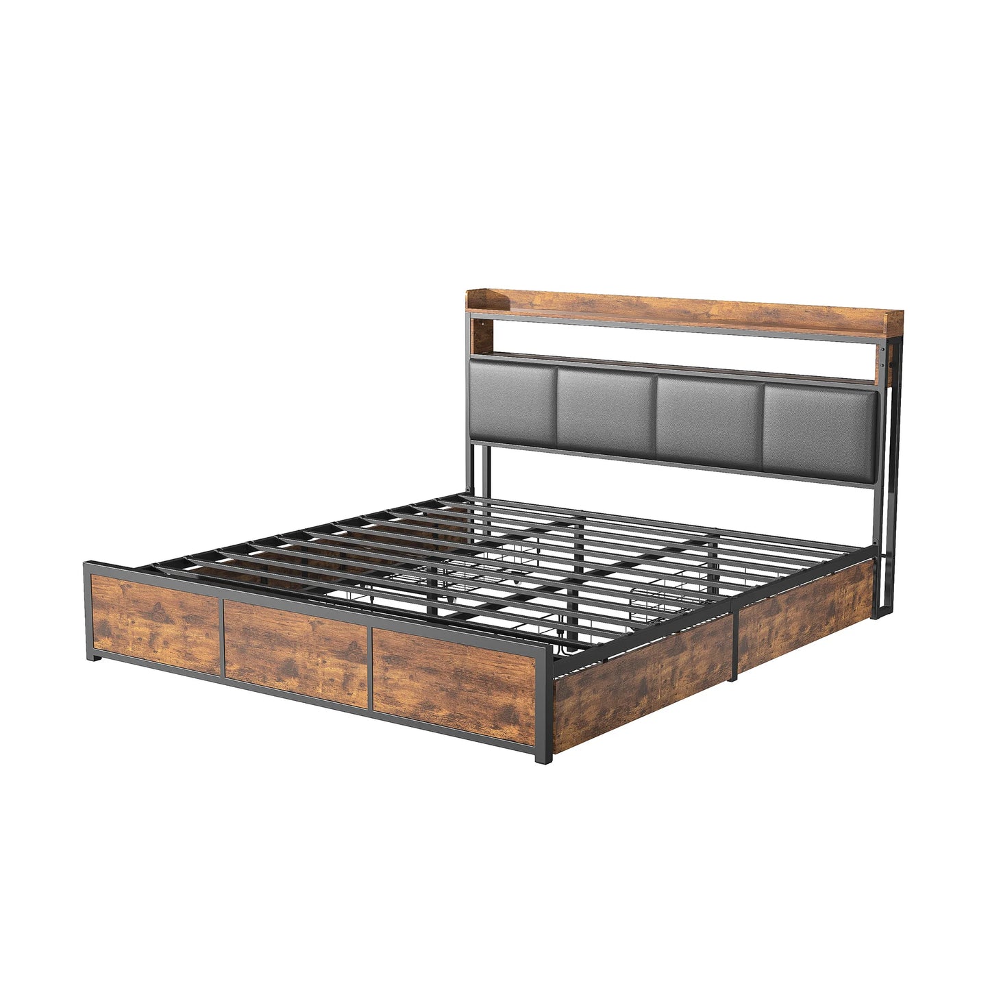 Lazyspace double bed with LED light,bed frame 160x200cm with 4 drawers,black PU headboard with storage compartments,No Mattress