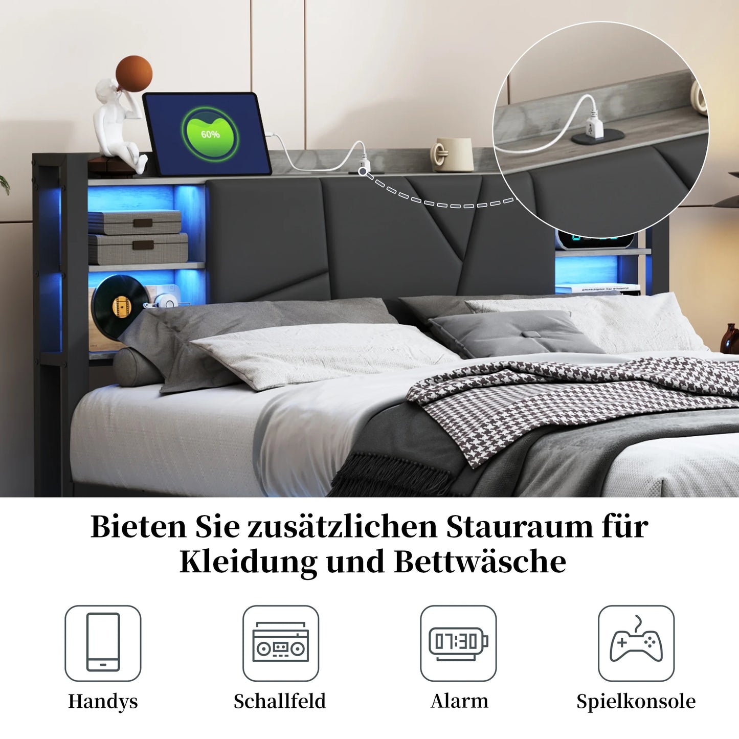 Anajqaqia 140×200cm Upholstered Double Bed, with LED Lighting and 2 Drawers, with Integrated Bedside Table and Socket, PU, Black