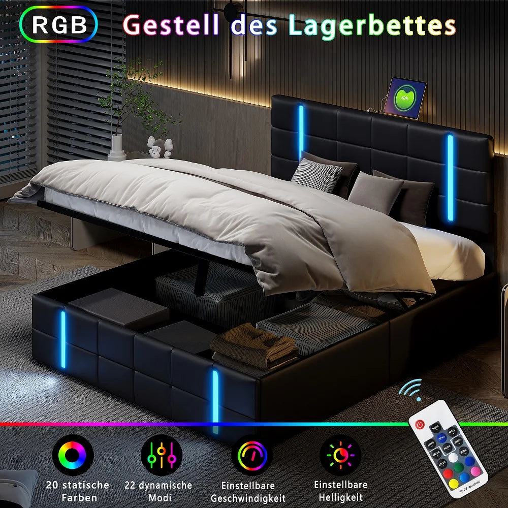 Lazyspace PU Upholstered Bed,Lifting Storage Bed Frame,2 USB Ports+ LED Light,Modern Home Bedroom Furniture 140/160x200cm