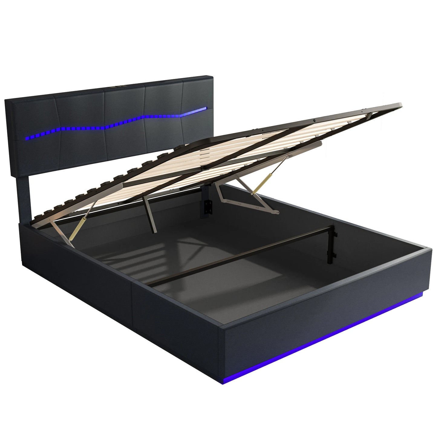 Comanlai 180x200cm Upholstered Bed,Double Bed with LED Lights,Hydraulic Storage Bed with Slatted Frame,PU Leather