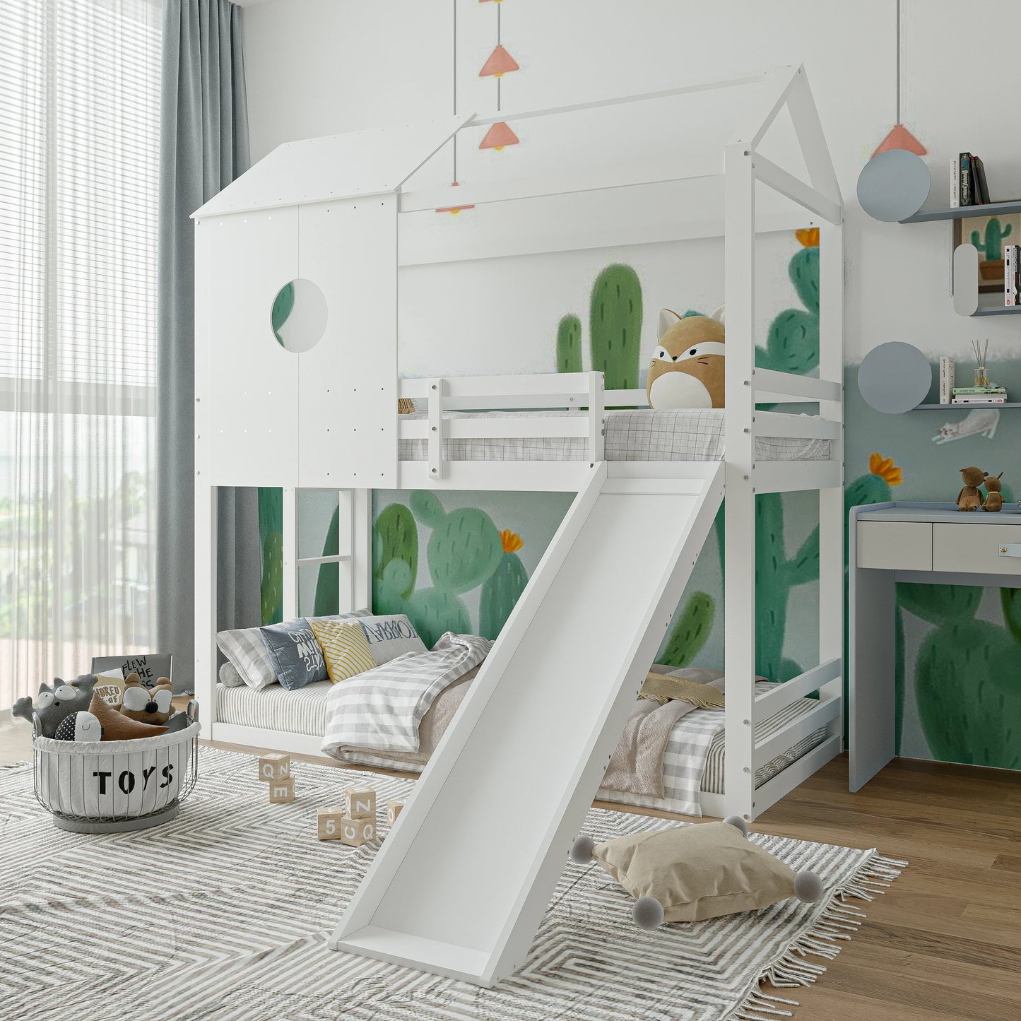 Lazyspace Children's Bunk Bed, with Slide, White Bunk Bed with Roof, with Full Protection and Slatted Frames, 90 x 200cm
