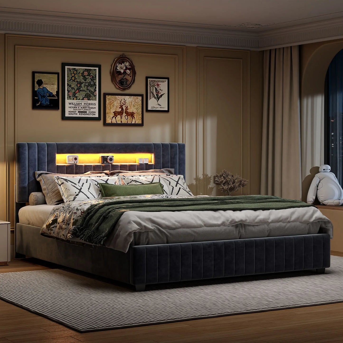 Creahappy Soft-Pad Bed, Double Bed Frame 160x200 cm, Storage Bed Frame with Hydraulic Storage Function and LED Lights