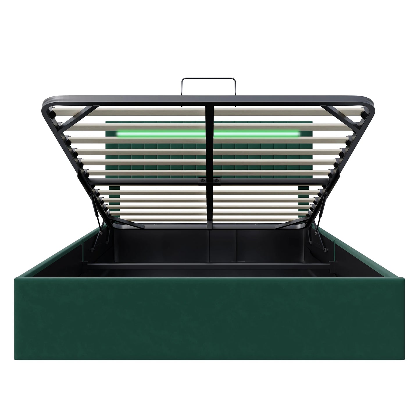 Lazyspace Green Vertical-Striped Upholstered Beds, 2 Level Adjustable Headboard Pneumatic Bed, RGB Bedhead Light Storage Bed