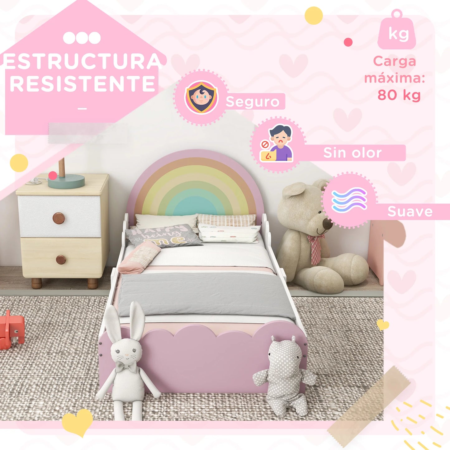 ZONEKIZ bed for children 3-6 years old rainbow 143x74x66 cm pink