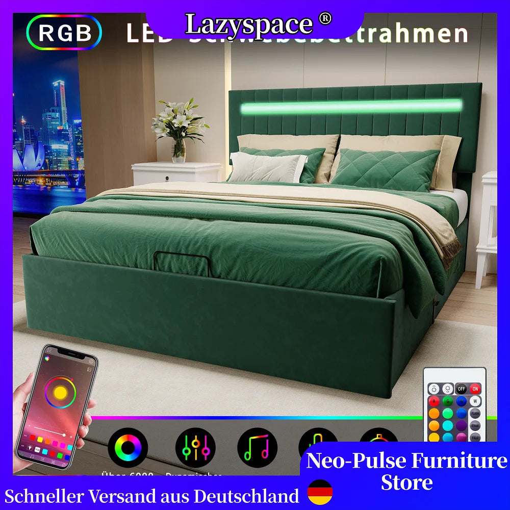 Lazyspace Green Vertical-Striped Upholstered Beds, 2 Level Adjustable Headboard Pneumatic Bed, RGB Bedhead Light Storage Bed