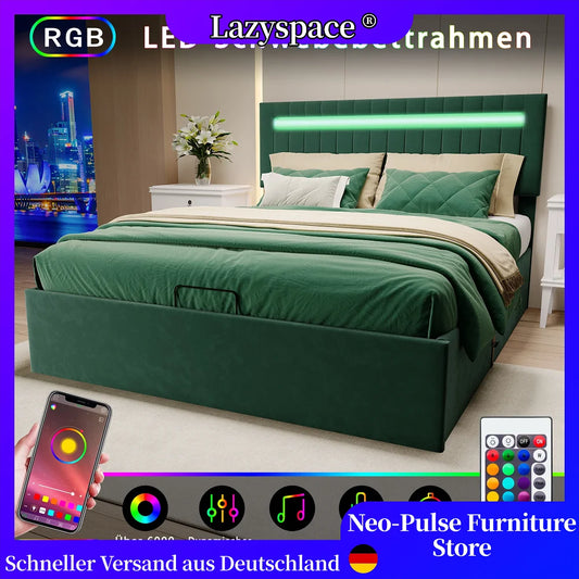 Lazyspace Green Vertical-Striped Upholstered Beds, 2 Level Adjustable Headboard Pneumatic Bed, RGB Bedhead Light  Storage Bed