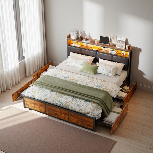 Lazyspace double bed with LED light,bed frame 160x200cm with 4 drawers,black PU headboard with storage compartments,No Mattress