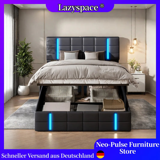 Lazyspace PU Upholstered Bed,Lifting Storage Bed Frame,2 USB Ports+ LED Light,Modern Home Bedroom Furniture 140/160x200cm