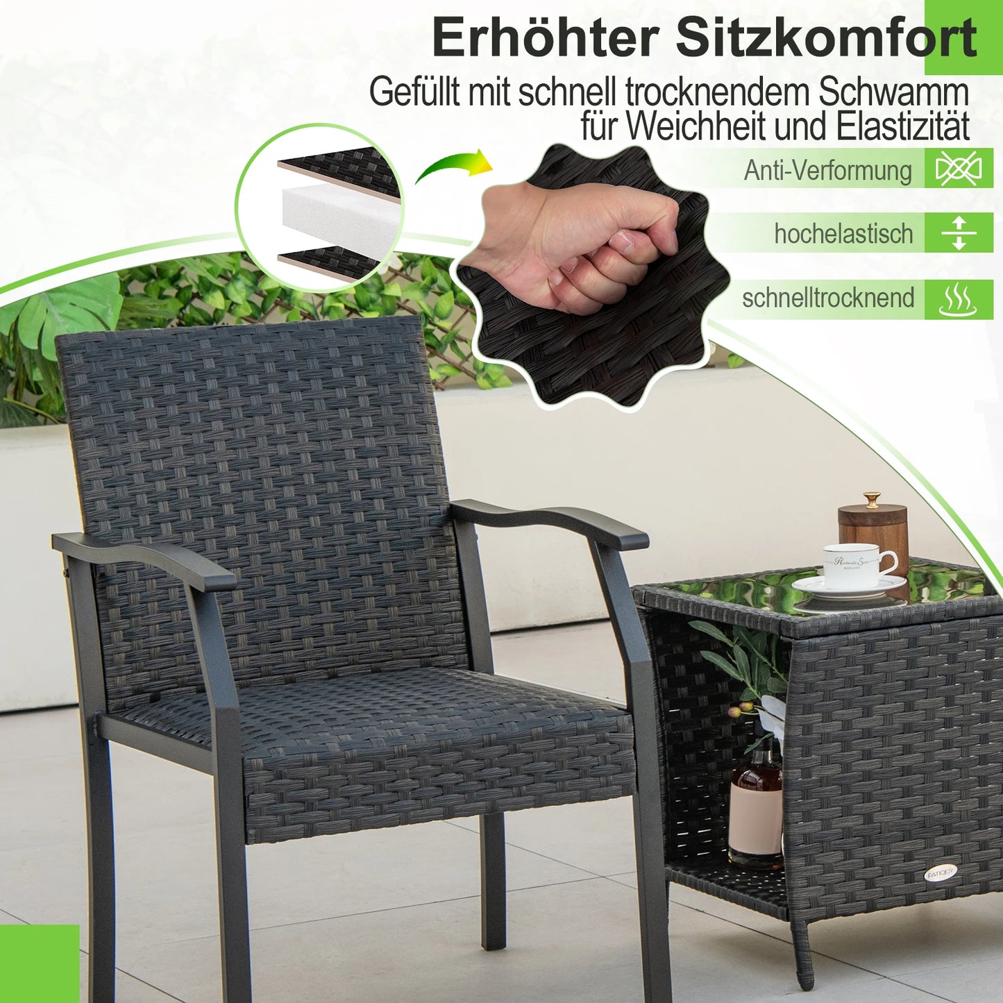 3-piece garden furniture set, rattan balcony set with 2 chairs and table, balcony furniture with upholstered seat, rattan furniture for small
