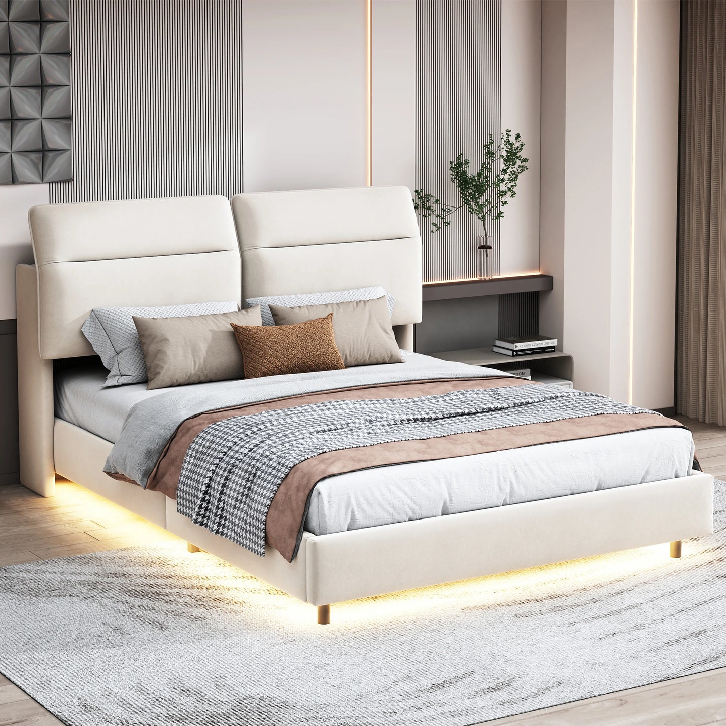 Creahappy - Soft-padded Double Bed - With Foldable, Adjustable Headboard - 160x200cm Double Bed - Under-bed LED Strip Light