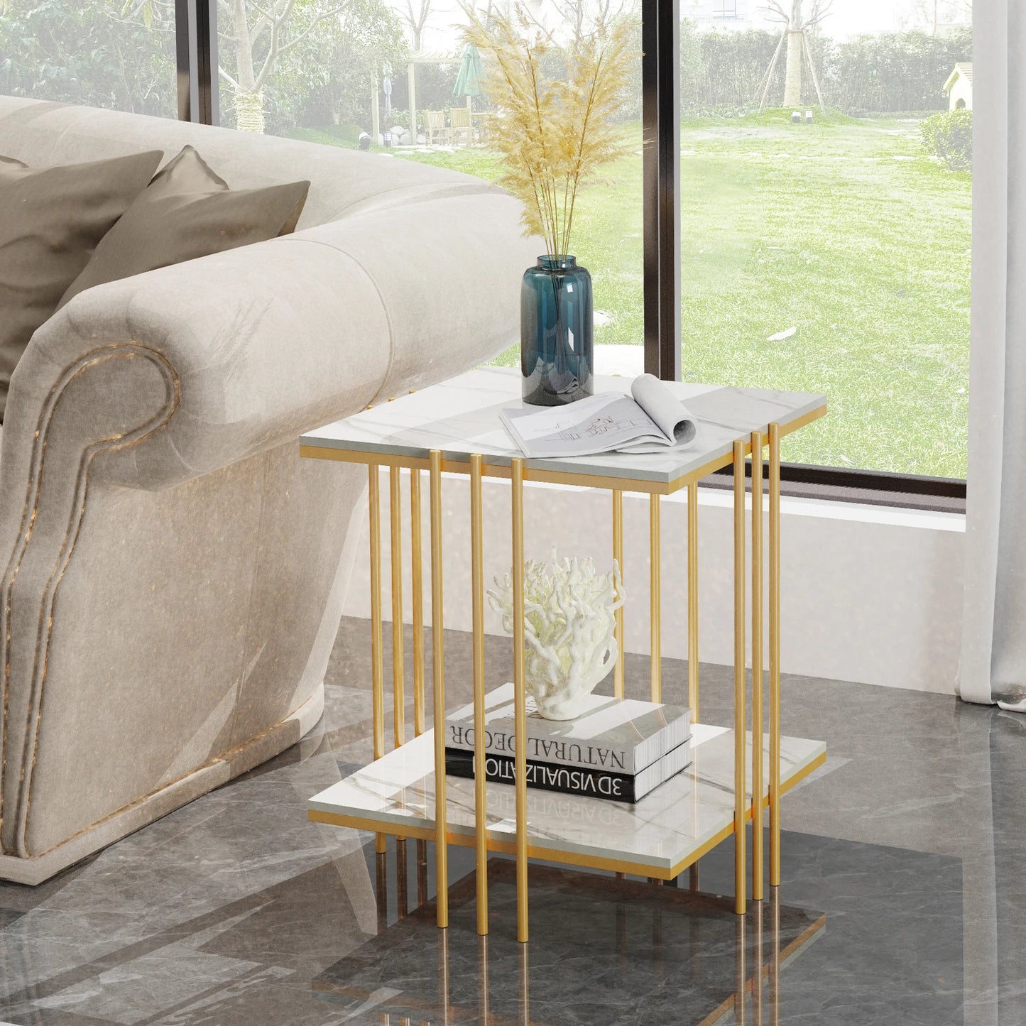 LUVODI Side Table for Living Room Modern 2-tier Square Marble Sofa Side Coffee Table with Gold n Black Metal Frame