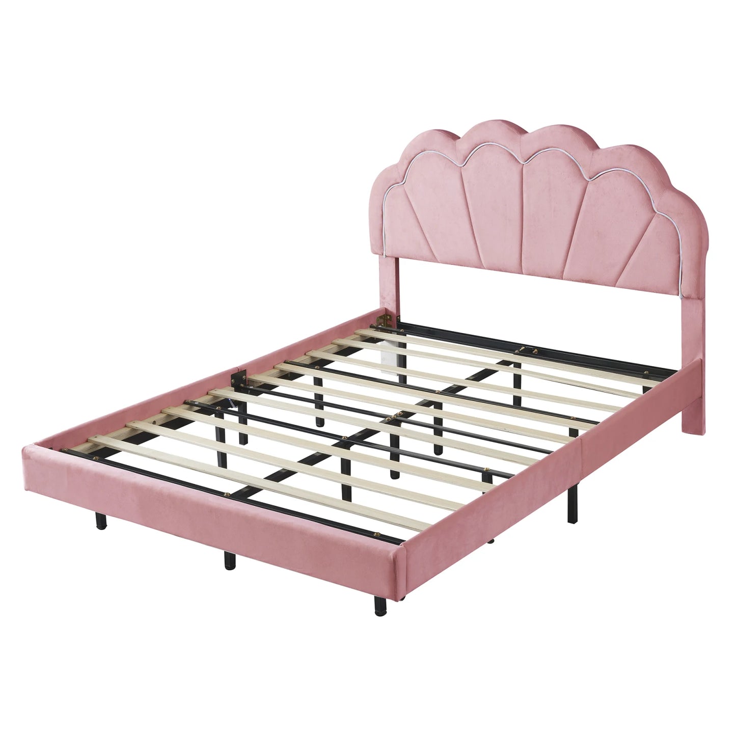 Comanlai Children's Bed 140x200cm with Flower Shape Headboard,Upholstered Bed with LED Lights,Double Bed,Velvet