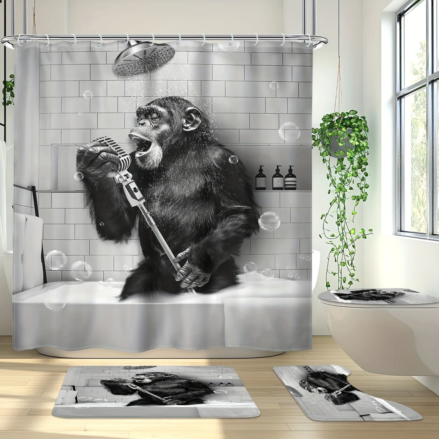 1pc/4pcs - Funny Monkey Shower Curtain Set, Black and White Animal Chimpanzee Singing in Bathtub, Mens Modern CoolBathroom Decor