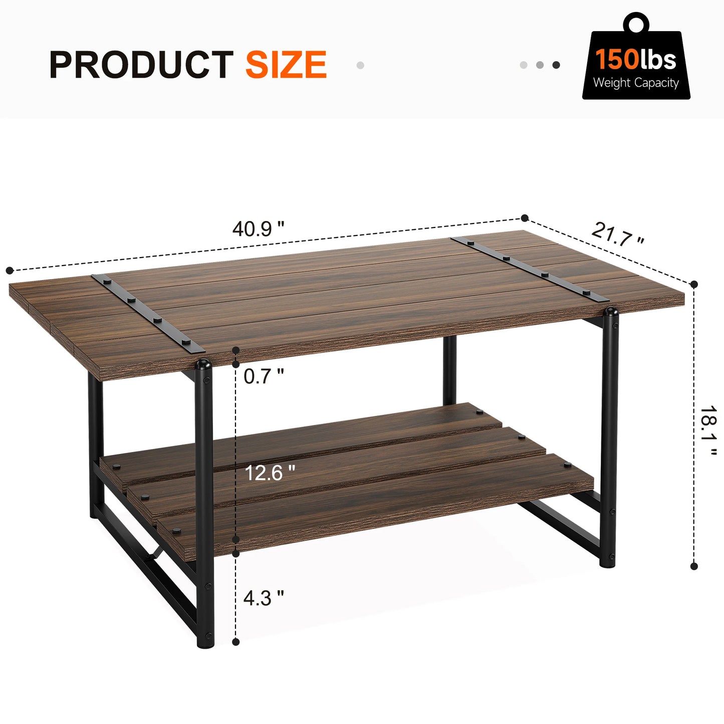2-Tier Wood Coffee Table, Farmhouse Coffee Table with Storage Shelf- Rustic Metal Rectangle Center Living Room Coffee Table