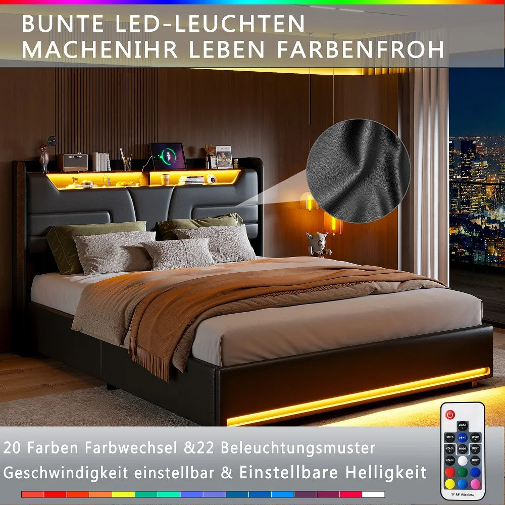 Lazyspace Black PU Storage Bed,Headboard with LED Bed Frame,Pressure Rod Upholstered Bed with Storage Space,Bedroom Furniture
