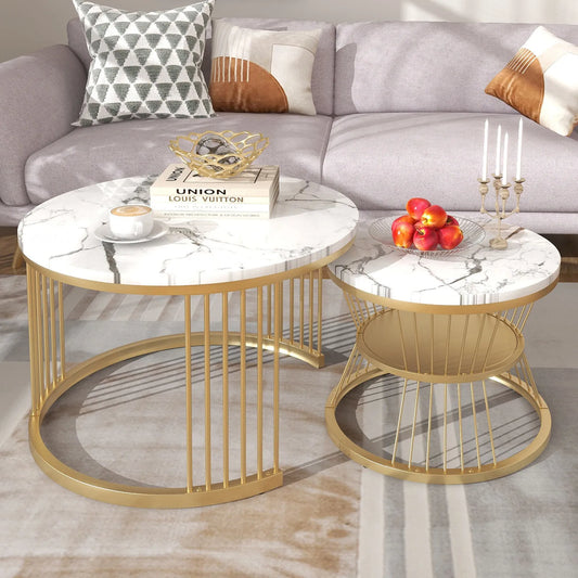Lazyspace Nesting Coffee Table, Coffee Table Set, Marble Veneer, With Gold Frame, Round End Table, For Living Room, Sofa Side