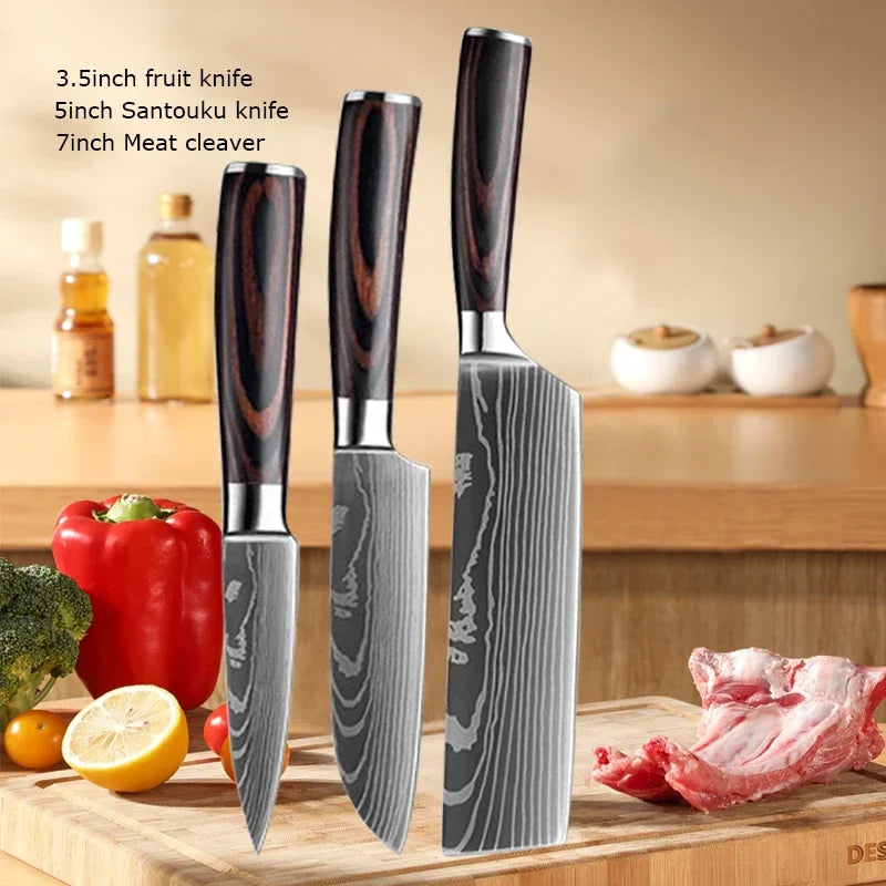 Damascus Chef's Knife Kitchen Knives Set Professional Boning Knife Meat Cleaver Utility Knife Japanese Santoku Knife with Cover