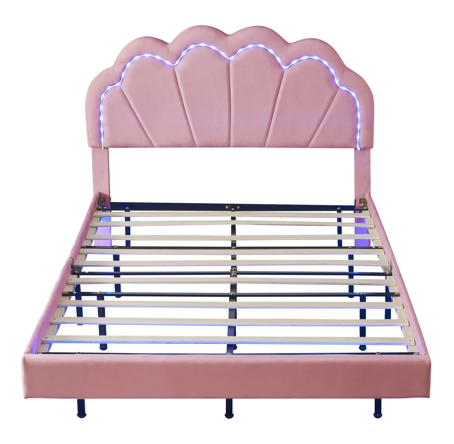 Comanlai Children's Bed 140x200cm with Flower Shape Headboard,Upholstered Bed with LED Lights,Double Bed,Velvet