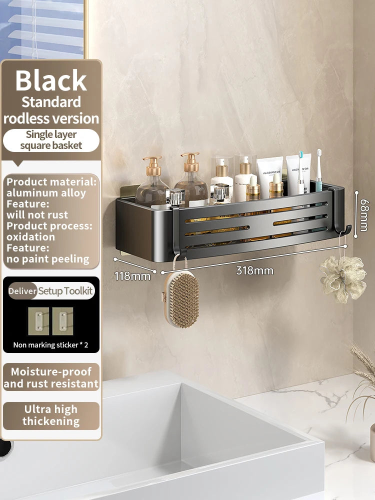 No-Drill Adhesive Style Aluminum Bathroom Shelf Shelves Shampoo Makeup Storage Holder Kitchen Organizer Wall Mounted Rack Access
