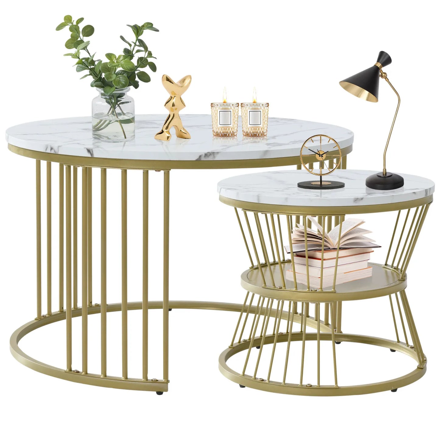 Lazyspace Nesting Coffee Table, Coffee Table Set, Marble Veneer, With Gold Frame, Round End Table, For Living Room, Sofa Side