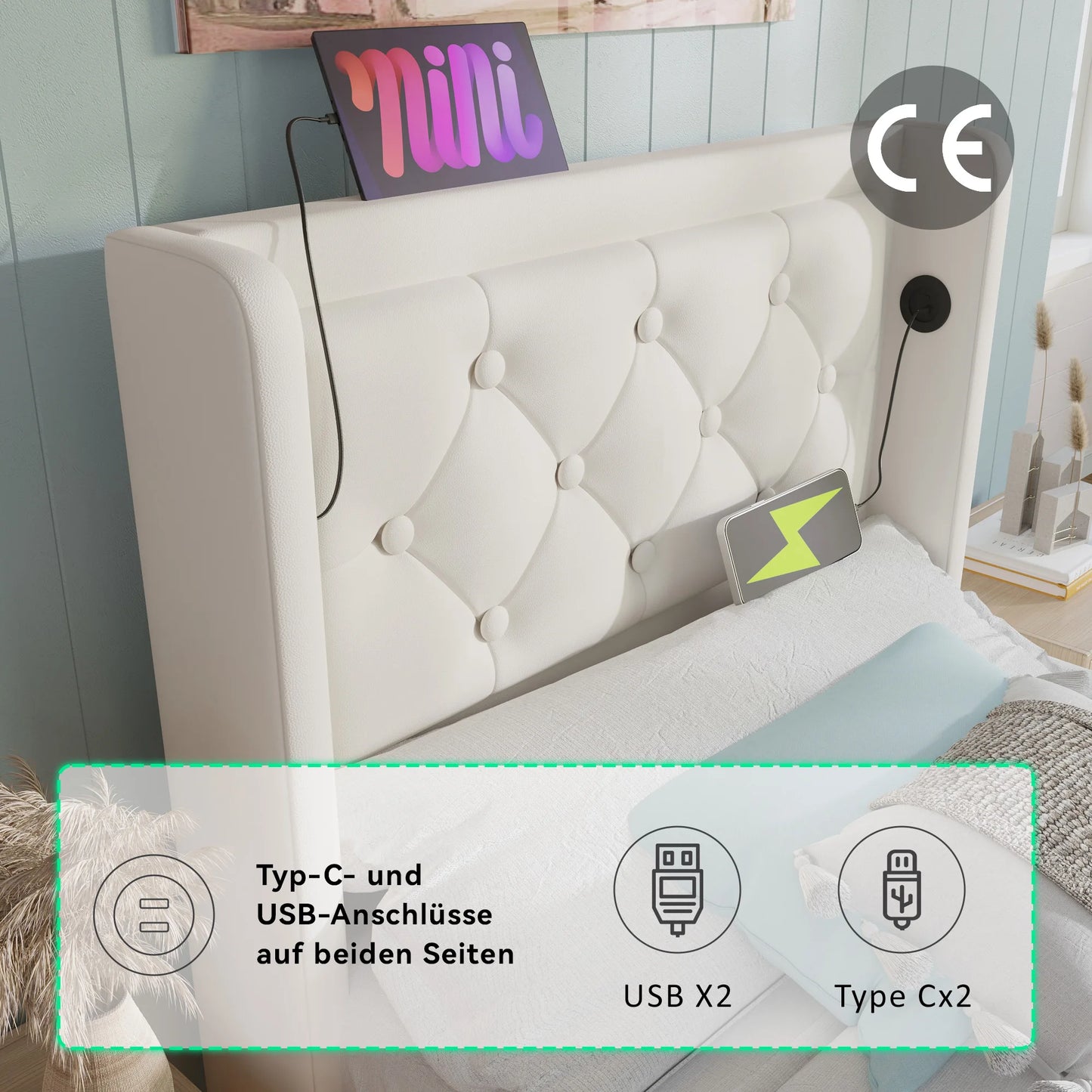 Merax Upholstery bed 90x200 Single Bed USB C Headboard 3 Sided Hydraulic Bed Storage White PU