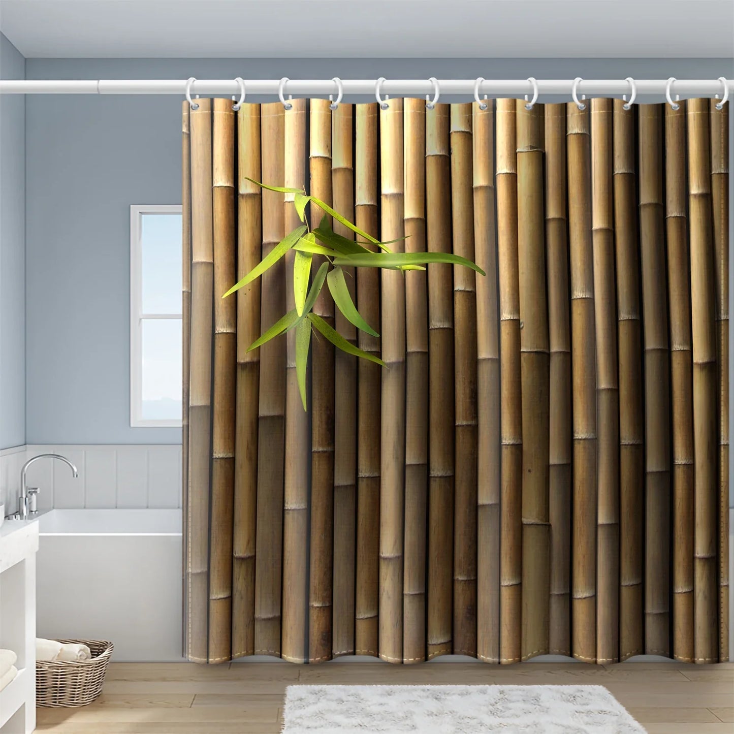 4-piece set of bamboo forest plant printed waterproof shower curtains with 12 hooks and bathroom floor mats