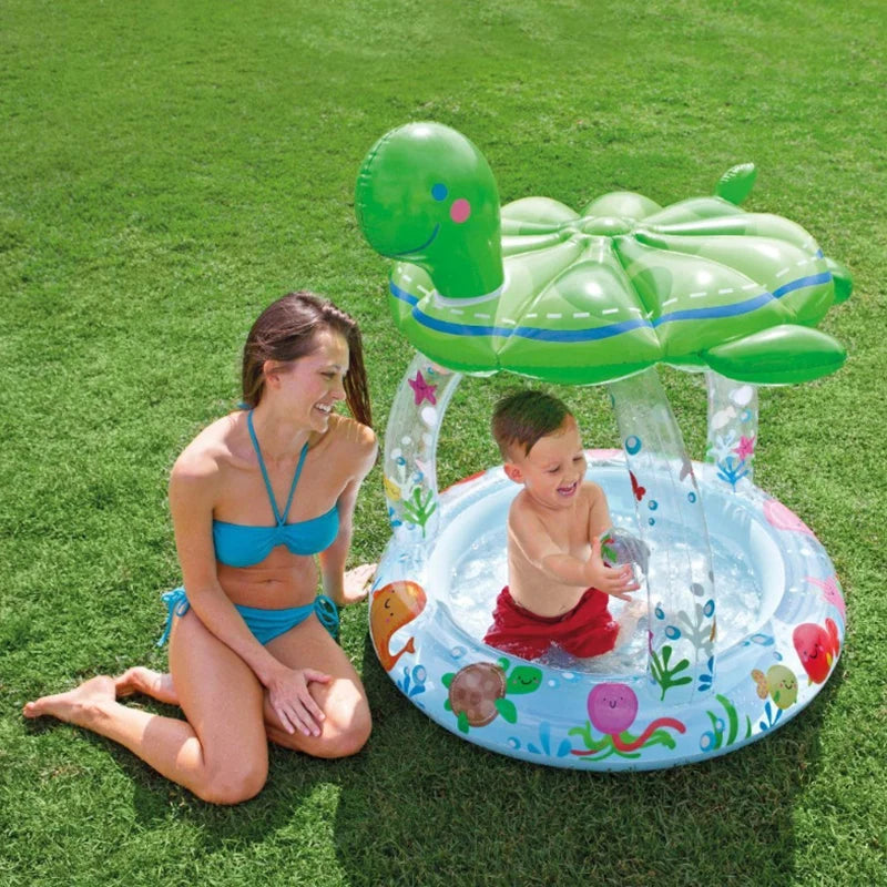 Inflatable Swimming Pool for Baby Kiddie 1-3Y with Turtle Shape Sunshade Canopy Sea Pattern Fun Outdoor Water Play Pool Toy