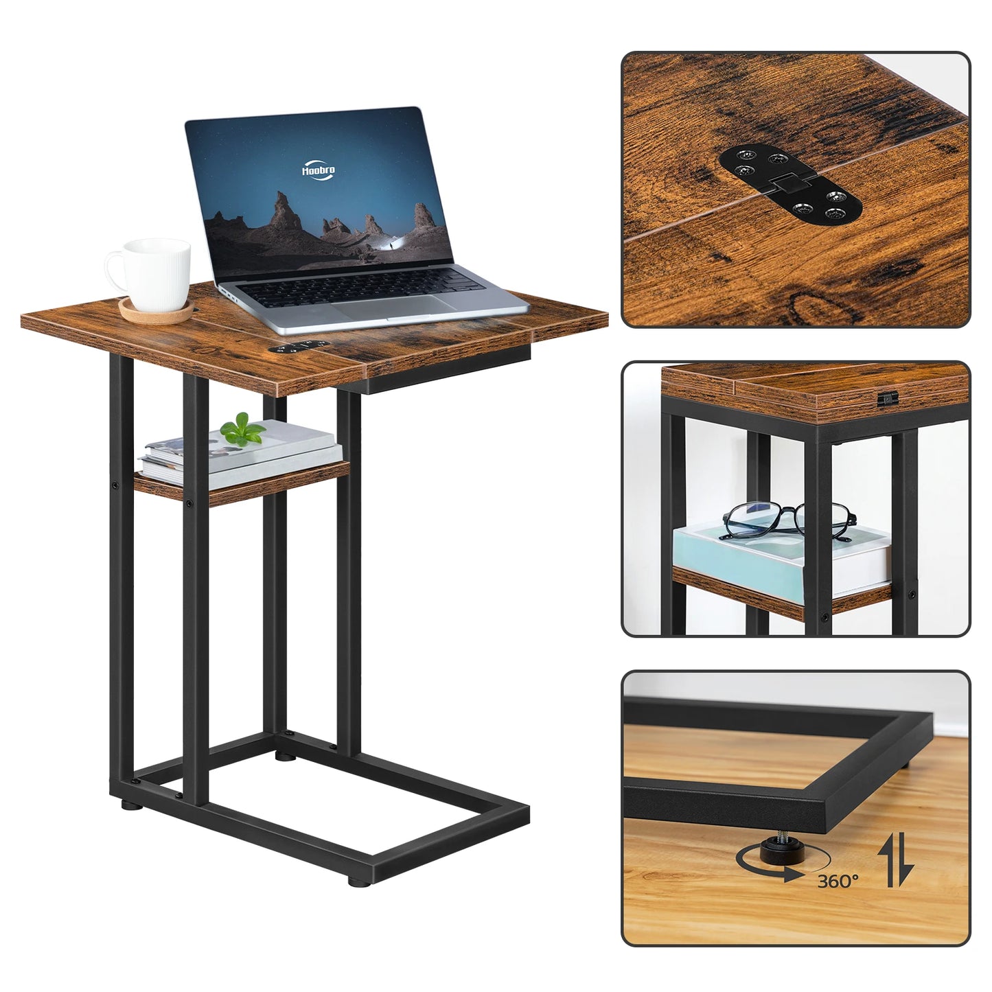 HOOBRO C-Form Side Table Folding Sofa Table Coffee Table Snack Table with Storage Shelf Slim Bedside Table For Livingroom Bedrom